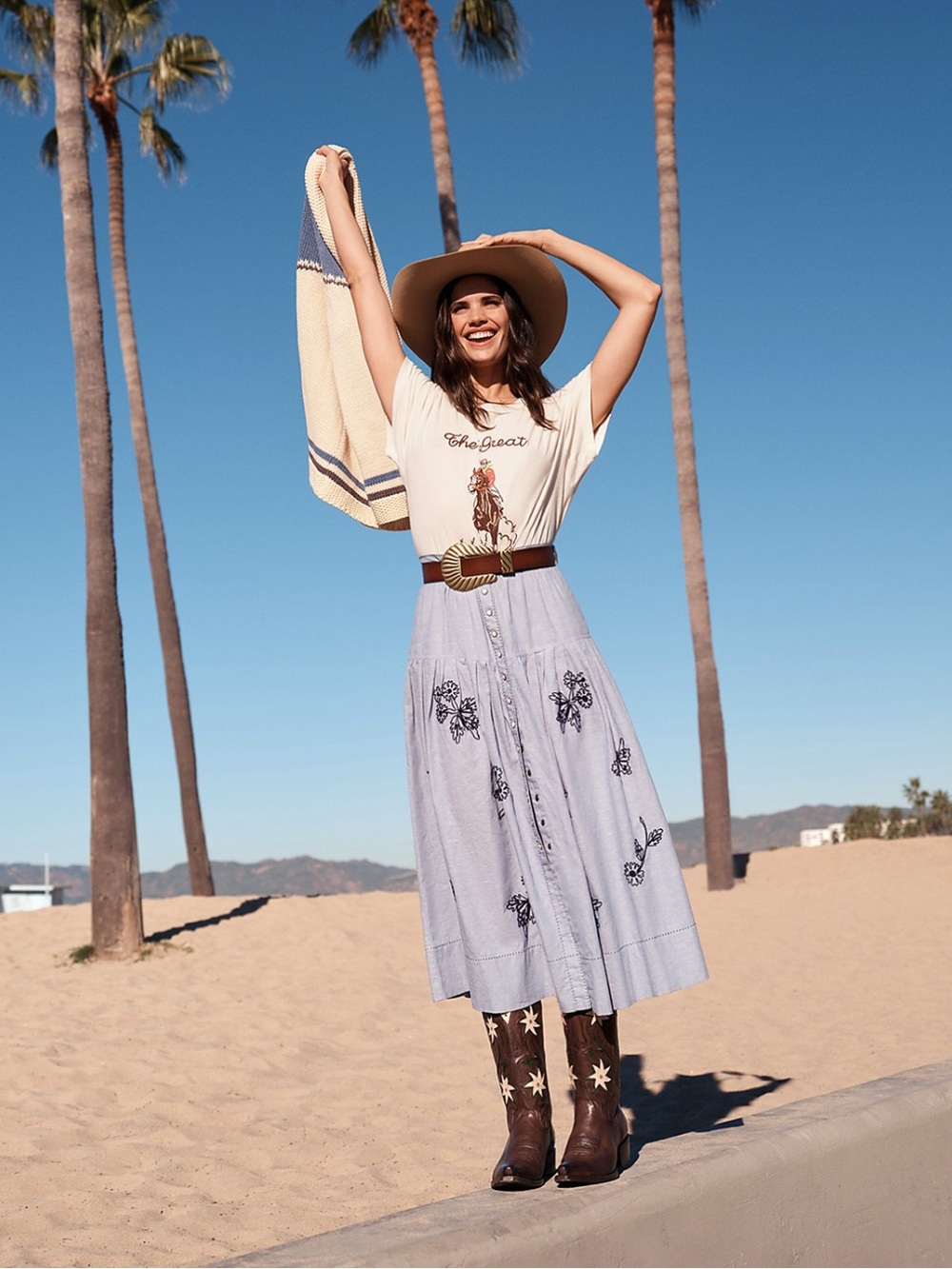 Stetson x The Great chambray midi Skirt with navy Floral Embroidery- size 1